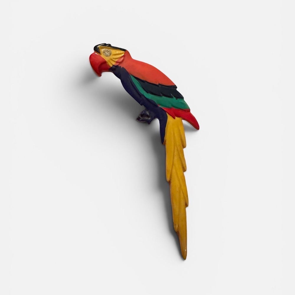Vtg 80s Colorful Parrot Macaw Brooch Pin Rhinestone Eye Tropical Bird Jewelry